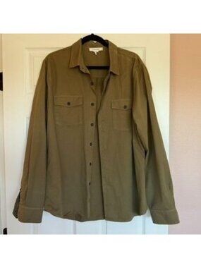 FRAME DENIM Mens Cotton Utility Army Green Button Front Shirt Size Large